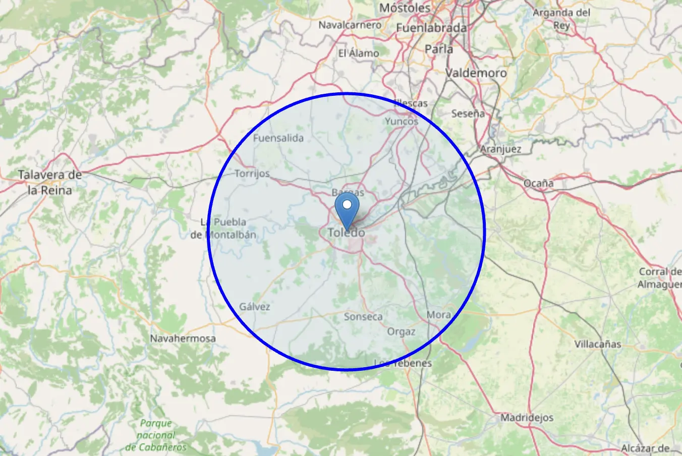 Map of the Toledo area with a blue circle marking the service radius, covering Sylvania, Maumee, Perrysburg, Holland, and more